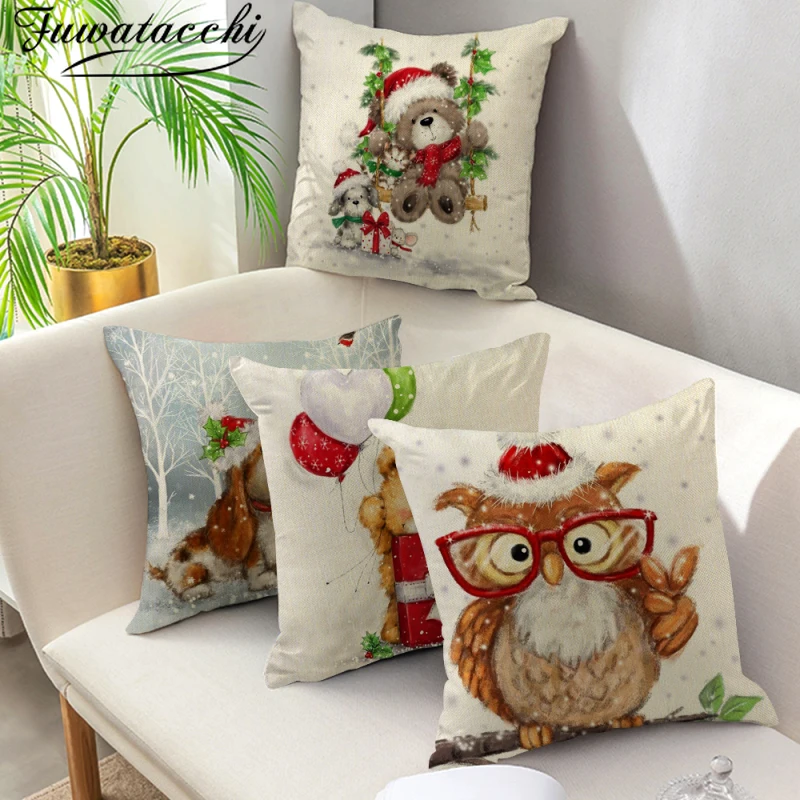 

Fuwatacchi Linen Pillow Case Cushion Cover Christmas Animals Pillow Covers for Home Sofa Couch Decor Pillowcases 45x45cm Cojines