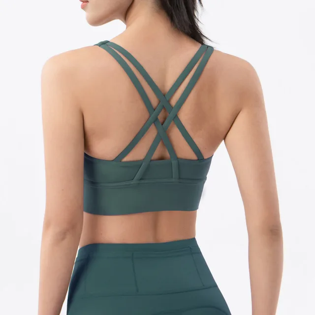 Lulu Classic Solid Color Cross Back Women Sport Bra Fitness Tank Top Shockproof Run Tight Yoga Vest No Steel Ring With Chest Pad Dark jade