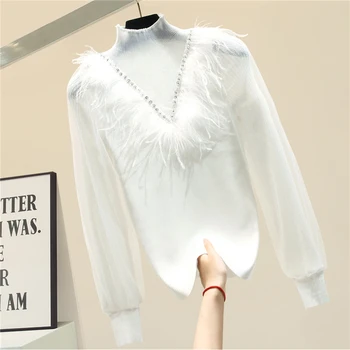 

Tassel Feather Turtleneck Slim-Fit Knit Sweater Knitting Shirt Women's New Autumn Winter Feather Sweater Sweter Ladies Knitwear