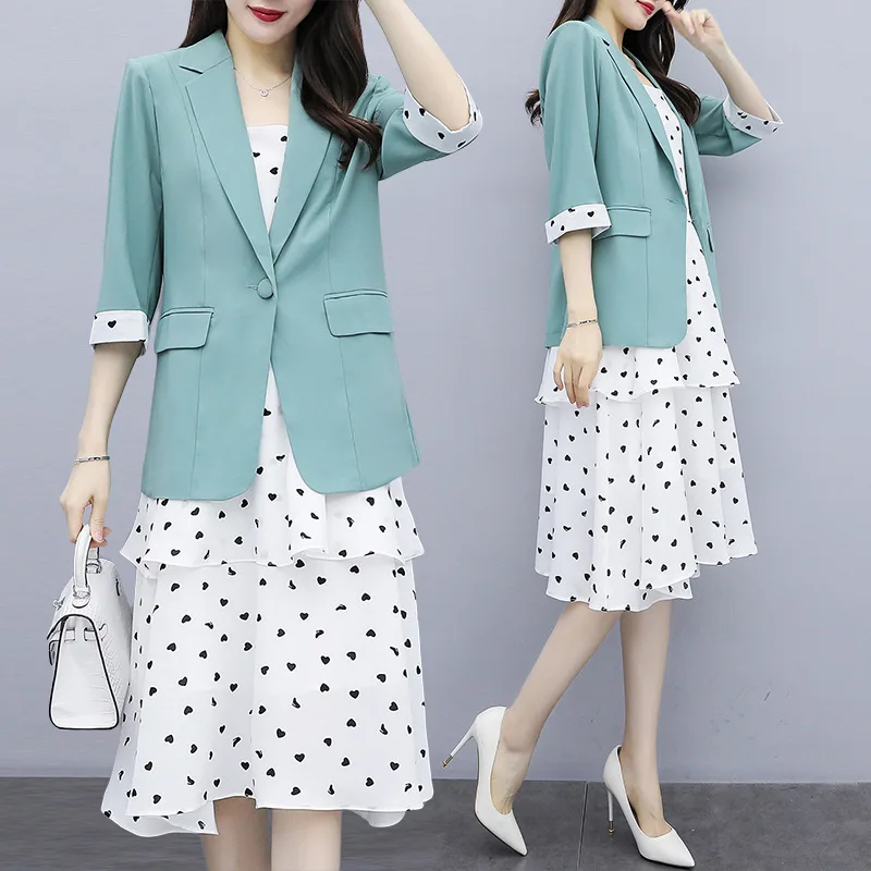 

2020 Spring Clothing New Style Korean-style Large Size Dress Fat Mm Plus-sized Slimming Suit + Polka Dot Two Pieces Dress Outfit