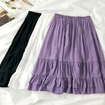 

SOUGEN Women's Summer Skirt Fashion Mid-length High Waist Was Thin A-line Skirt Elastic Waist Solid Color Straight Skirt Empire