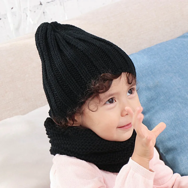 Детский набор из шапки и шарфа, осенне-зимняя вязаная шерстяная одноцветная шапка для мальчиков и девочек, детская шапка и снуд для детей, шапка От 0 до 3 лет