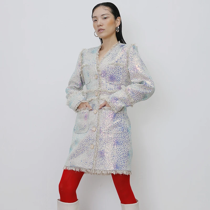 

[EWQ] 2020 Spring Autumn New Pattern V-collar Long Sleeve Patchwork Sequin Tassel Pockets Vintage Coat Women AK26412L