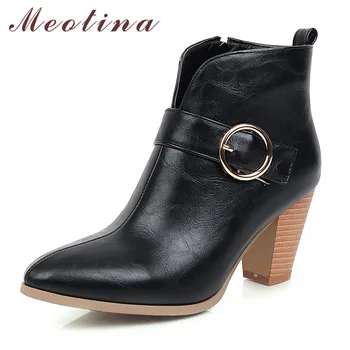 

Meotina Winter Ankle Boots Women Buckle Thick High Heel Short Boots PU Leather Zipper Pointed Toe Shoes Ladies Fall Plus Size 46