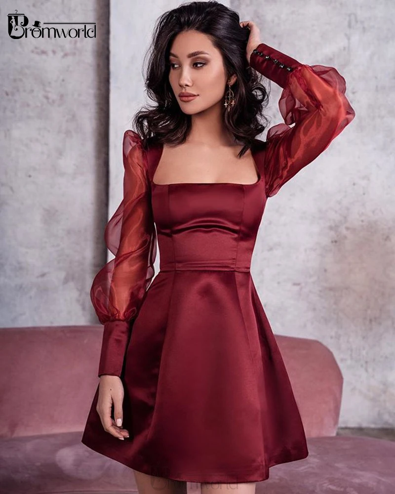 Abiti da Cocktail eleganti Mini Prom bordeaux corti 2021 eleganti abiti da  Cocktail per feste di laurea a maniche lunghe in raso a trapezio|Homecoming  Dresses| - AliExpress