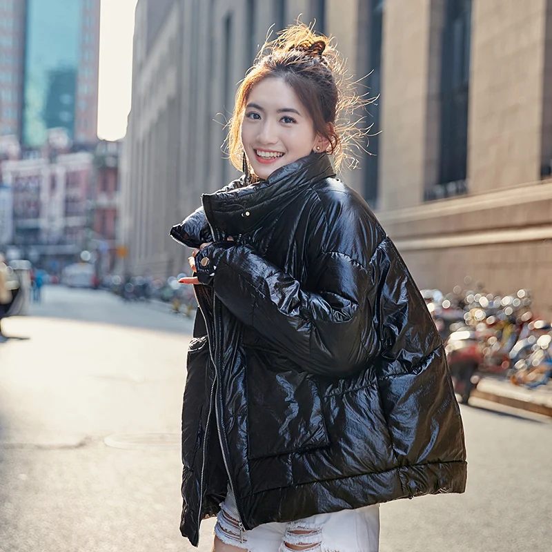 Черный Красивая зимняя Глянцевая пуховая парка, женское водонепроницаемое пальто, модная куртка, большой размер, свободная зимняя теплая Толстая парка, Женская куртка - Цвет: Черный