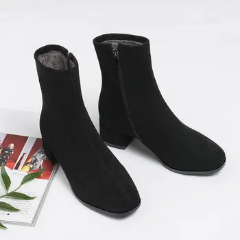 

2019 Women Boots Flock Leather Ankle Boots Square Low Heel Zipper Short Boots Round Toe Comfortable Faux Fur Plush Winter Shoes