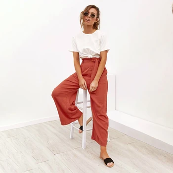 

Ladies Long Wide Leg Pants Women Loose Lace Up Long Cotton Linen Wine Red Bandage Pants Vintage Girls Summer Casual Trousers XL