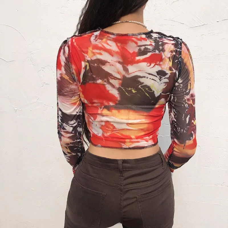 Summer 2022 Spring Women Bodycon Mesh T-Shirt Hollow Out Tie Dye Printed Party O-Neck Tees Long Sleeve Sexy Crop Tops Female off white t shirt