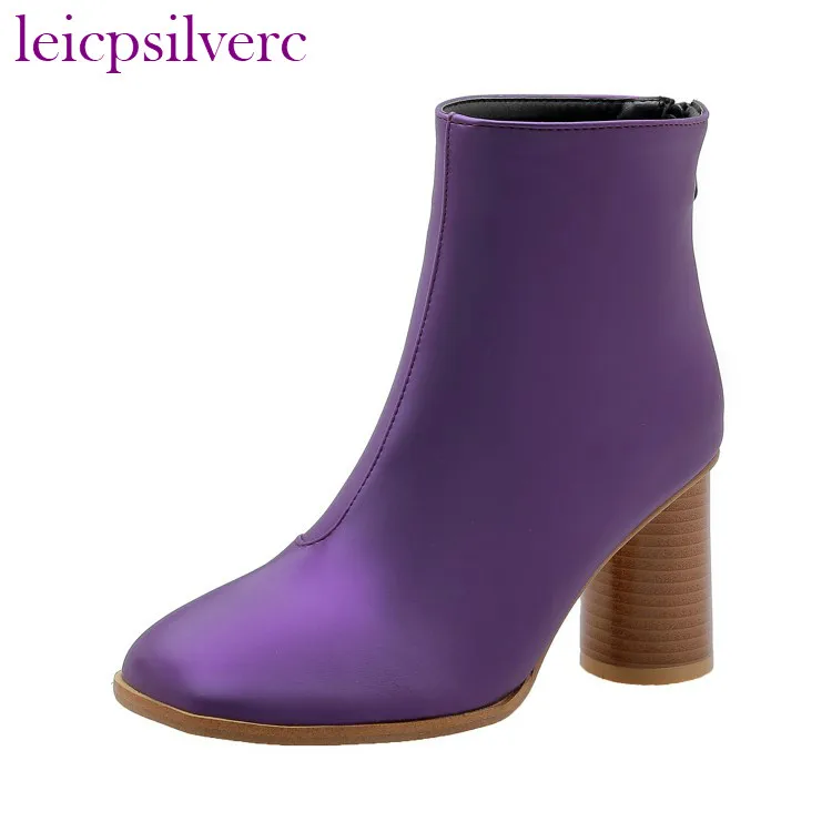 Winter Fashion Concise Ankle Boots for Women Pu Square Toe High Round Heel Black Purple Silver Solid Short Plush | Обувь