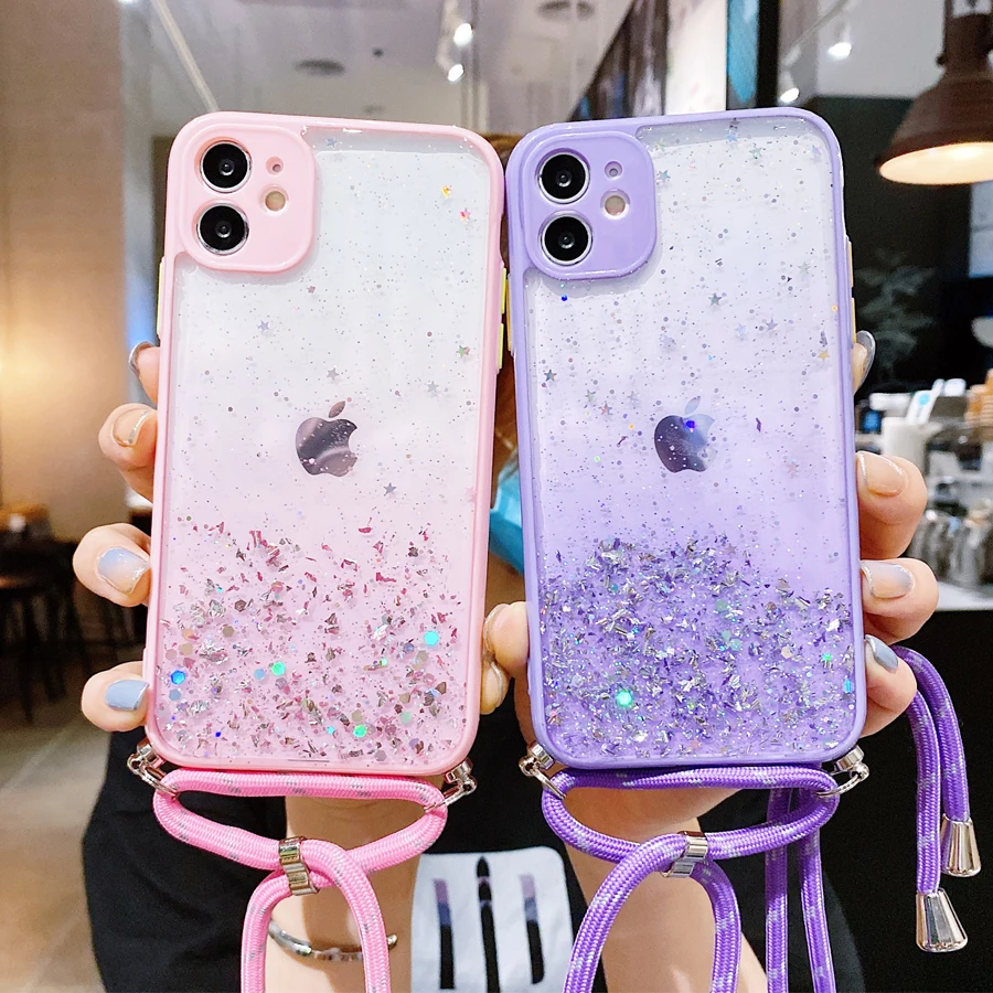 Блестящий чехол с ремешком на шнурке и цепочкой для iPhone 12 11 Pro Max Mini 8 7 6 6s Plus XS Xr X Xs SE
