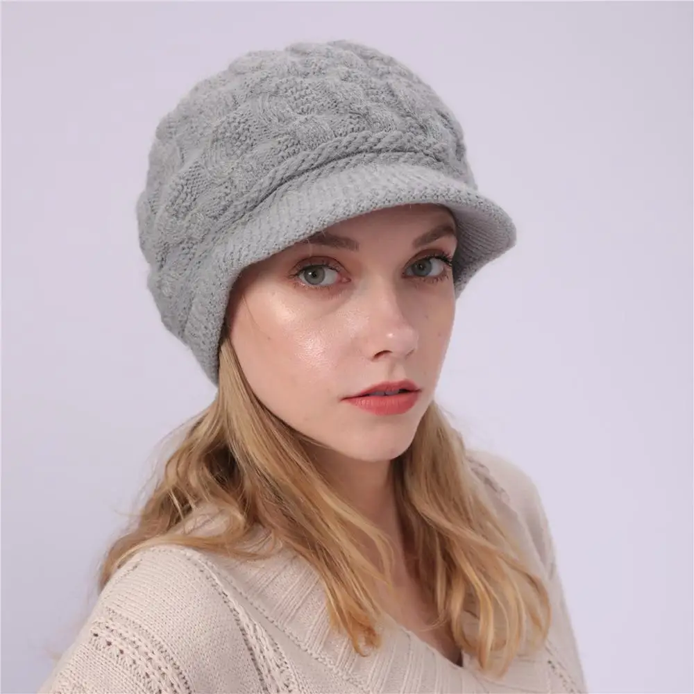 Женская вязаная шапка с кроличьим мехом, флисовая внутри, зимний теплый козырек, крученая вязаная плоская шапка, шапочки, шапки, шапки, Femme - Цвет: gray