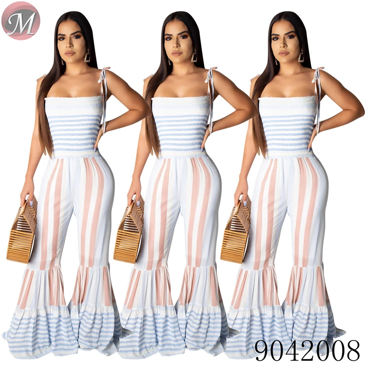 9042008 Sexy suspender smocking stitch flared women long jumpsuit