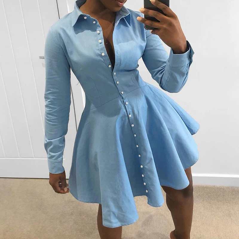 Solid Single Breasted A-Line Shirt Dress Women Long Sleeve Turn Down Collar Pleated Winter 2019 Short Vestidos | Женская одежда
