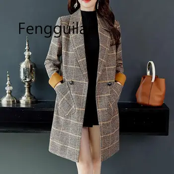 

2020 Autumn Winter Wool Women Plaid Pockets Blends Office Work Long Coats Fashion Brand Lady Slim Lapel Long Sleeve Blends Sexy