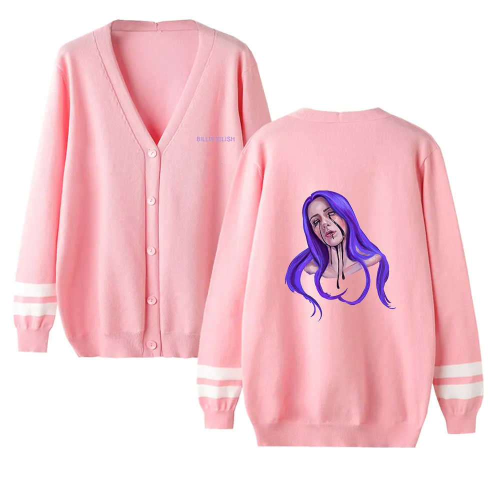 Модный женский вязаный кардиган кашемировый свитер с принтом Billie eilish, вязаные топы, Осень-зима, модный кардиган, розовый свитер для девочек