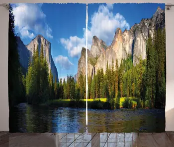 

Azure Blue Multicolor Outdoor Curtains Panoramic Image Merced River at Yosemite Valley National Park Living Room Window Drapes