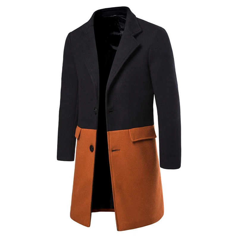 Корейский стиль мужской тонкий Fit Peacoat цветной блок лоскутное длинное шерстяное пальто мужская повседневная куртка с длинными рукавами из смесовой шерсти YF02