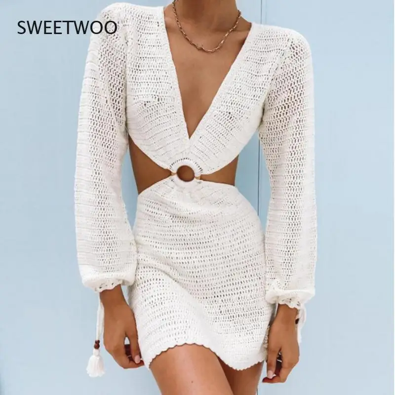

2021 Knit Stripe Long Sleeve Dress Beach Backless Summer Hollow Out Women V Neck Sexy Party Mini Dresses Casual White