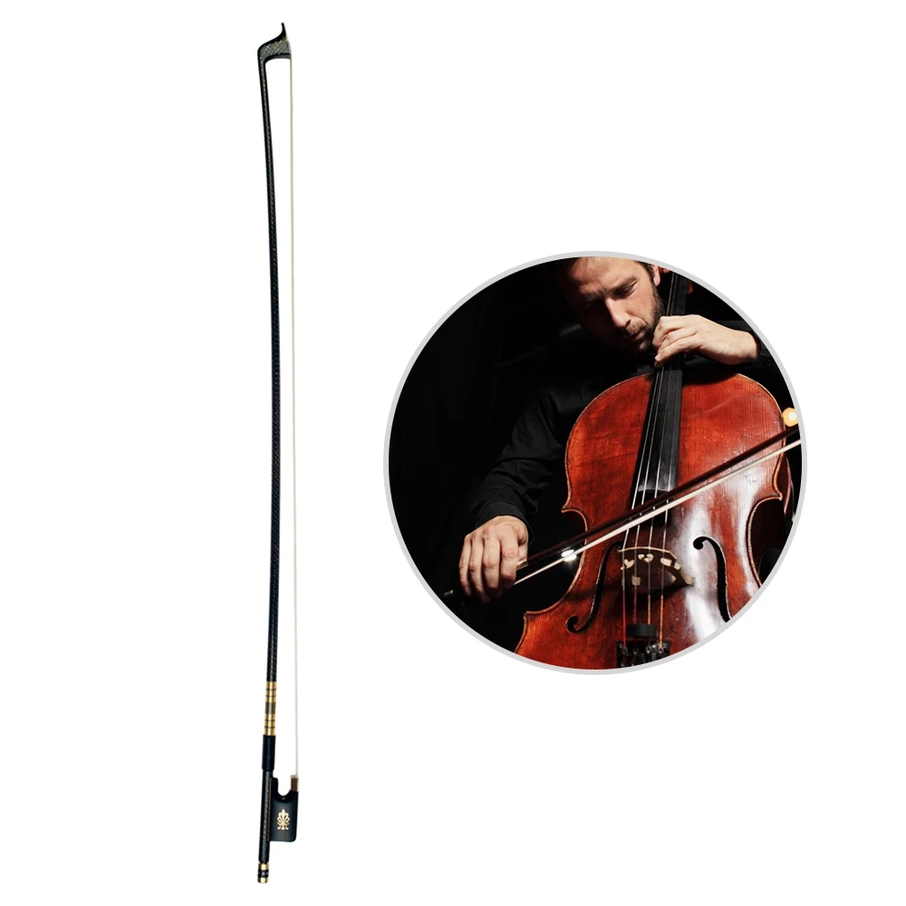 4/4 Виолончель Violoncello лук хорошо сбалансированный Золотой Плетеный углеродного волокна круглая палочка эбеновая лягушка AAA монгольский конский хвост волос Виолончель