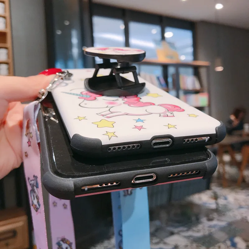 Мягкий силиконовый чехол с мультяшным милым единорогом для iphone X iphone XS MAX, XR X 7, 8, 6, 6S Plus, coque, с держателем и шнурком