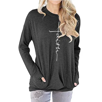 

Women Long Sleeve Letter Faith Print Hoodie Female Black Sweatshirts Clothes Autumn Tops Hoodies Pullover Top Streetwear Shirt