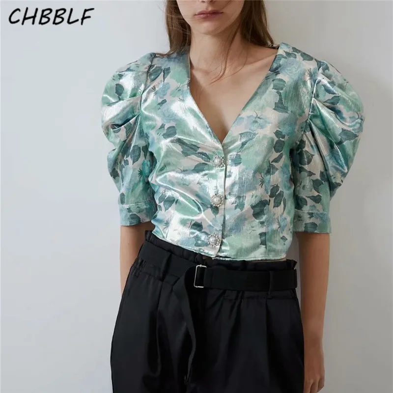 CHBBLF women chic print V neck blouse three quarter puff sleeve pleated female stylish shirt summer crop top blusas O9261 |