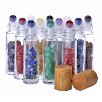 

10pcs Natural Gemstone Essential Oil Roller Ball Bottle Wood Transparent Perfumes Oil Liquids Roll On Bottles with Crystal Chips