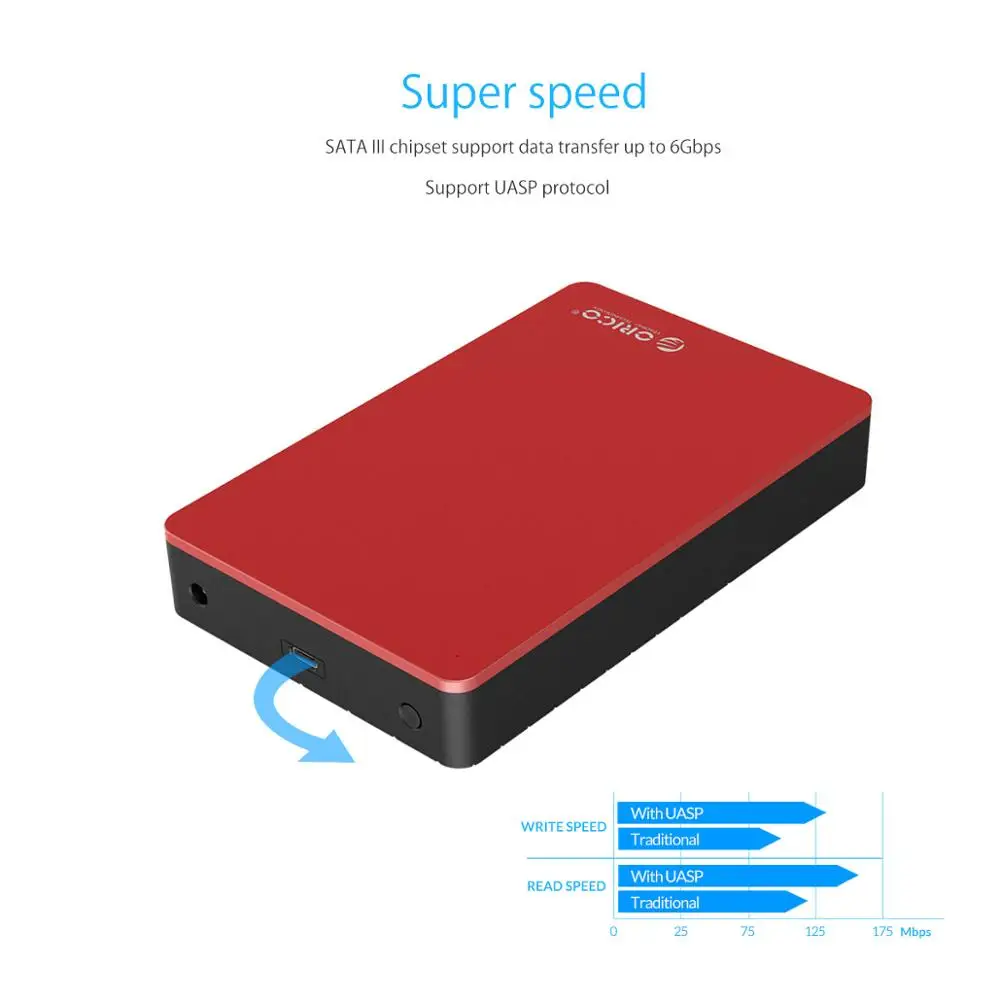 ORICO 3,5 дюйма type-C HDD чехол алюминиевый SATA для USB C внешний жесткий диск Корпус для 8 ТБ HDD SSD с адаптером питания 12 В