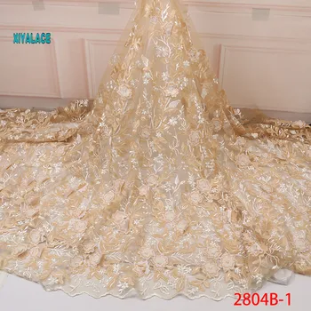 

Golden 3D Flower Lace Fabric 2019 High Quality Mesh Embroidery Applique Tulle Nigerian Lace Fabrics For Bridal wedding YA2804B-1