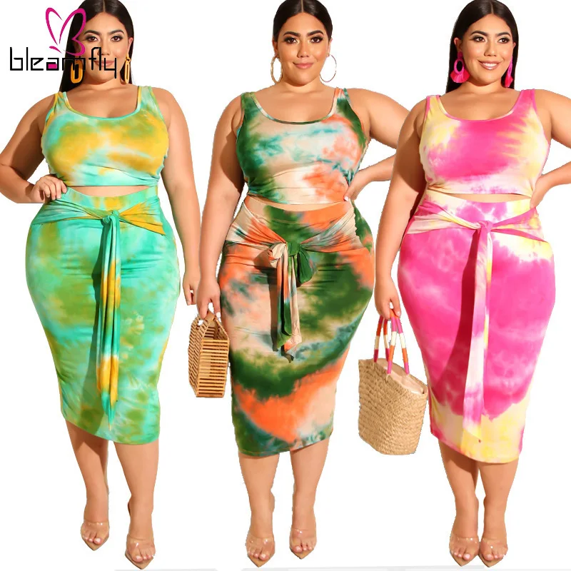 

Summer Women Two Piece Outfits Prairie Chic Style Tie-dye Printed Tank Crop Top Bodycon Skirt Fashion 2 Piece Set Plus Size Suit