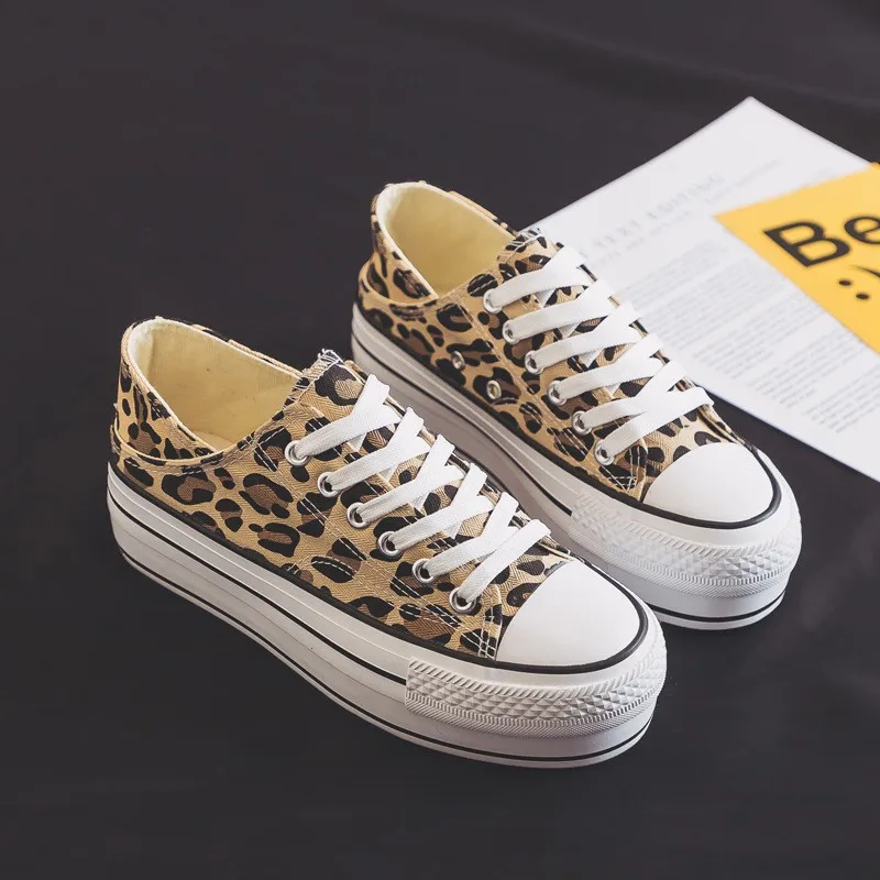Spring White Platform Sneakers Women Shoes Thick Sole Lace Up Flat Breathable High Heels Casual Canvas Leopard | Обувь