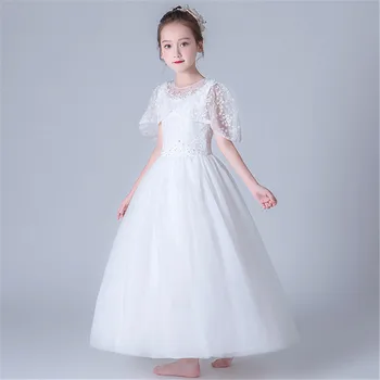 

Flower girl White Wedding Dress Sleeveless Ankle lengt Girl Party Long Princess Dress Ball Gown