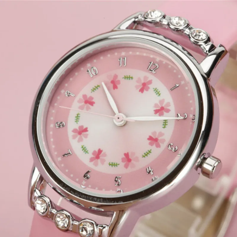 Новые часы для женщин Дети Девочки дамы кварцевые с бриллиантами наручные часы розетка часы с цветочным орнаментом Montre часы