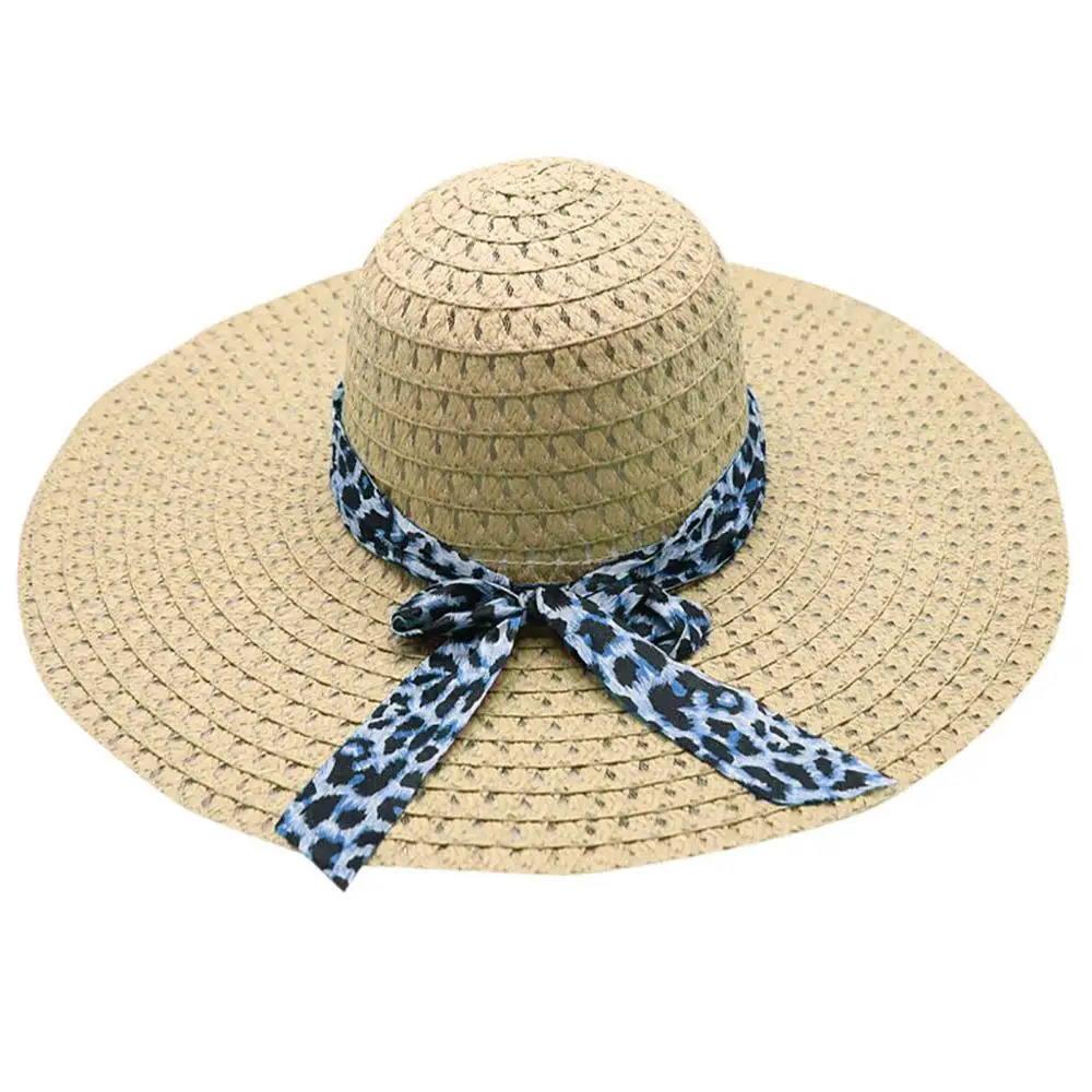 Women Leopard Print Big Brim Straw Hat Sun Floppy Wide Brim Hats Beach Cap Fashion Embroidery Baseball Caps Men Women Snapback - Цвет: Beige