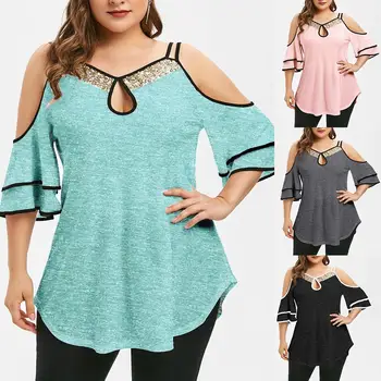 

Plus Size Women Sequins Neck Cold Shoulder Ruffled Sleeve Irregular Hem t shirt vetement femme женские туники летние 2020