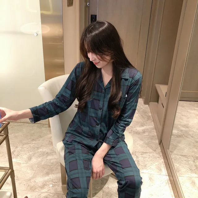 CAIYIER Autumn Winter New Sleepwear Set Women Turn-down Collar Pajamas Cute Cartoon Pattern Button Top+Pants Leisure Home Wear 908-18