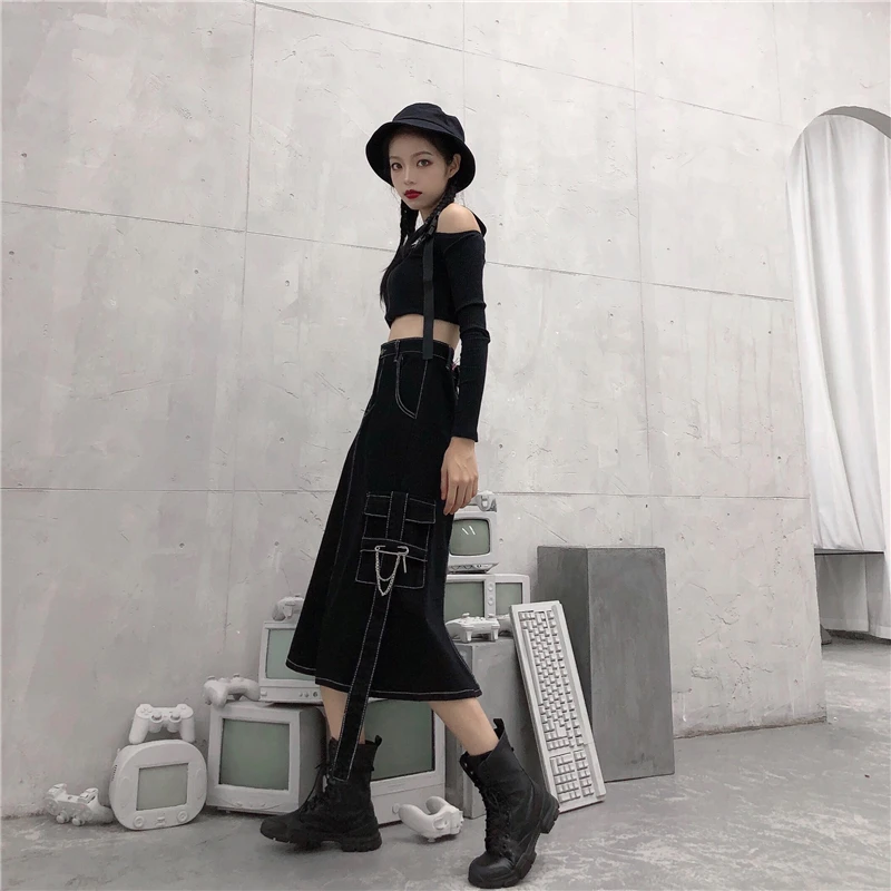 Корейская черная винтажная Готическая джинсовая юбка размера плюс с высокой талией, карманами-карго, цепочкой и лентой, сексуальная элегантная длинная юбка миди в стиле Харадзюку и панк