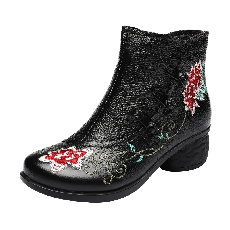 

High Quality 2020 Autumn Winter Ankle Boots for Women Genuine Leather High Heel Booties Ankle botas Flower Embroidery Shoes