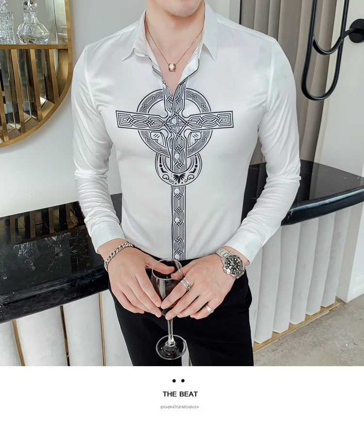 Camisa Homem Prom Camisa Masculina, осенняя рубашка с цветочным принтом, рубашка с принтом в виде креста, мужская рубашка с длинными рукавами, DJ Singer