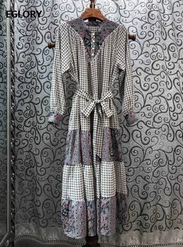 

New 2020 Spring Fashion Dress High Quality Women O-Neck Elegant Flower Print Belt Patchwork Long Sleeve Mid-Calf Vintage Dress