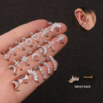 16G Cross Heart Flower Crown Cz Ear Studs Helix Piercing Cartilage Earring Conch Rook Tragus Stud Labret Back Piercing Jewelry
