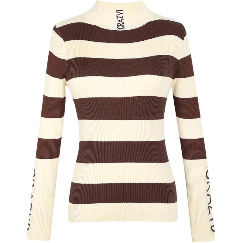Lady Knit Black White Striped Sweater Elegant Women Fashion Long Sleeve Letter Pullovers Turtleneck Slim Tops SoftJumpers 2021 | Женская