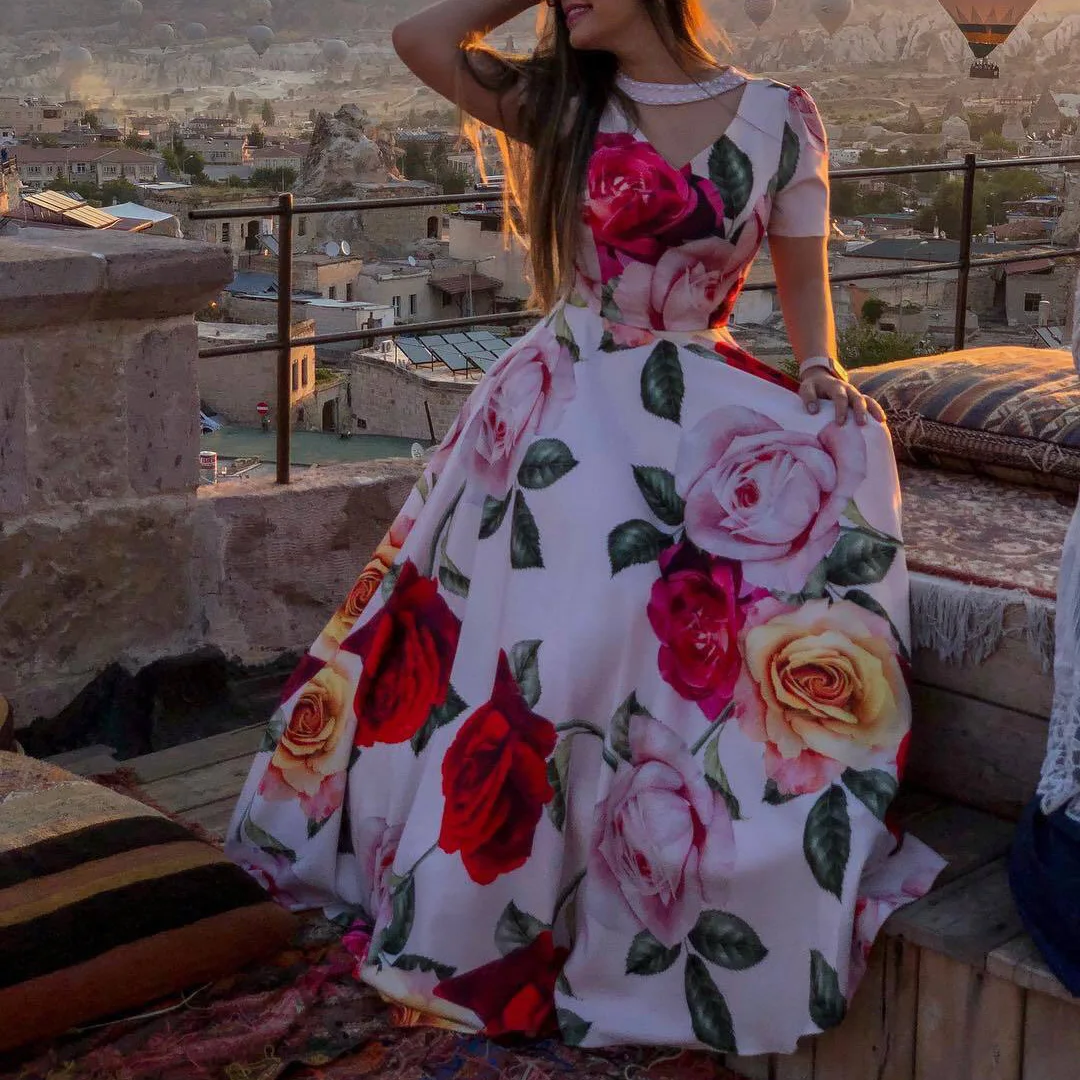 

Summer Dress Flower Print Short Sleeve Round Neck A line Long Patchwork For Office Lady Work Business Dresses Vestidos Recommend