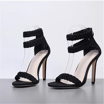 

Summer 2020 woven slope heel women's sandals large size Middle heel comfortable flat bottom one-character calf bottom mother
