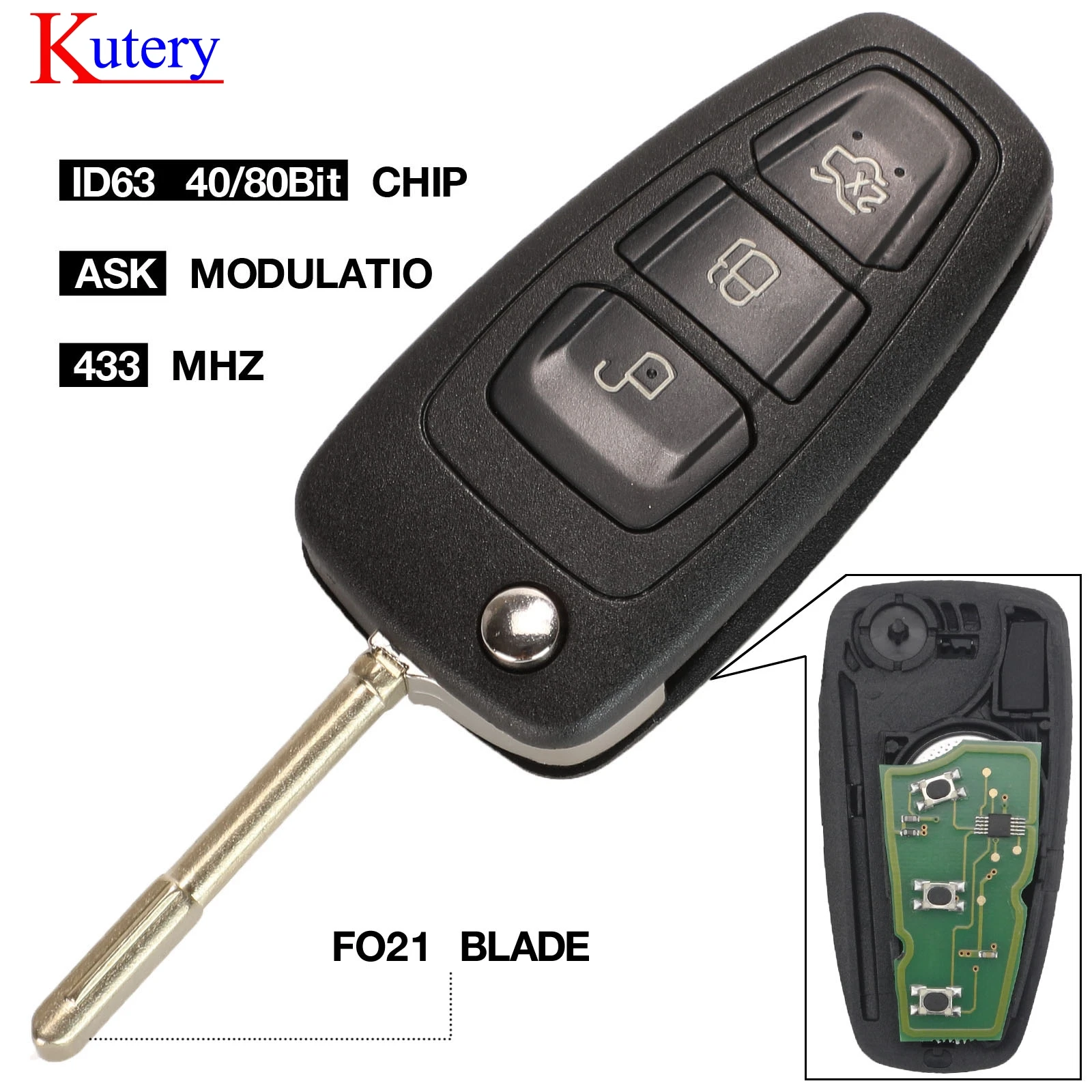 Carcasa de repuesto para llave de coche con 3 botones FO21 Blade Flip Cubierta para mando a distancia plegable para Focus Mk1 Mondeo Transit Connect