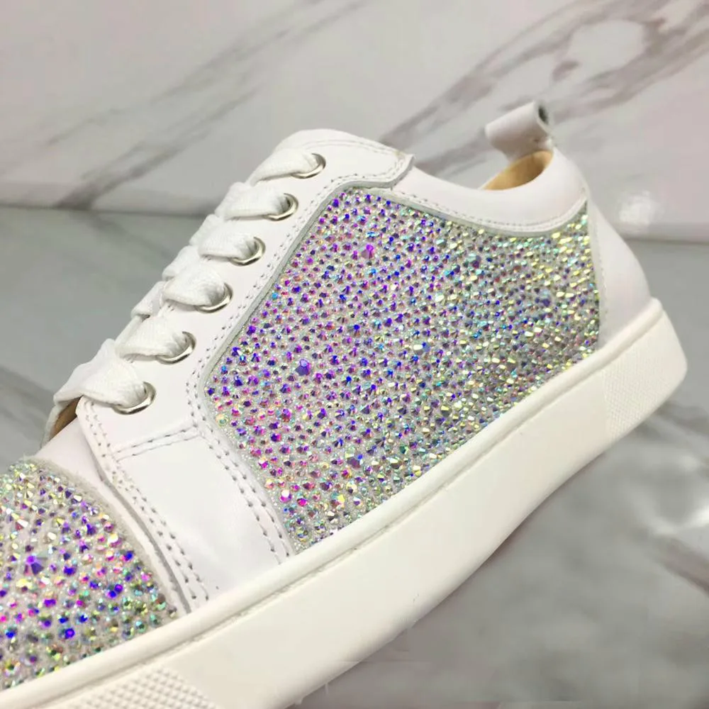 

Top Low Cut Leisure Shoe Lace Up White Colorful Rhinestone Diamond Red Bottoms For Man Shoes Sneakers Leather Flat Loafers 38-47