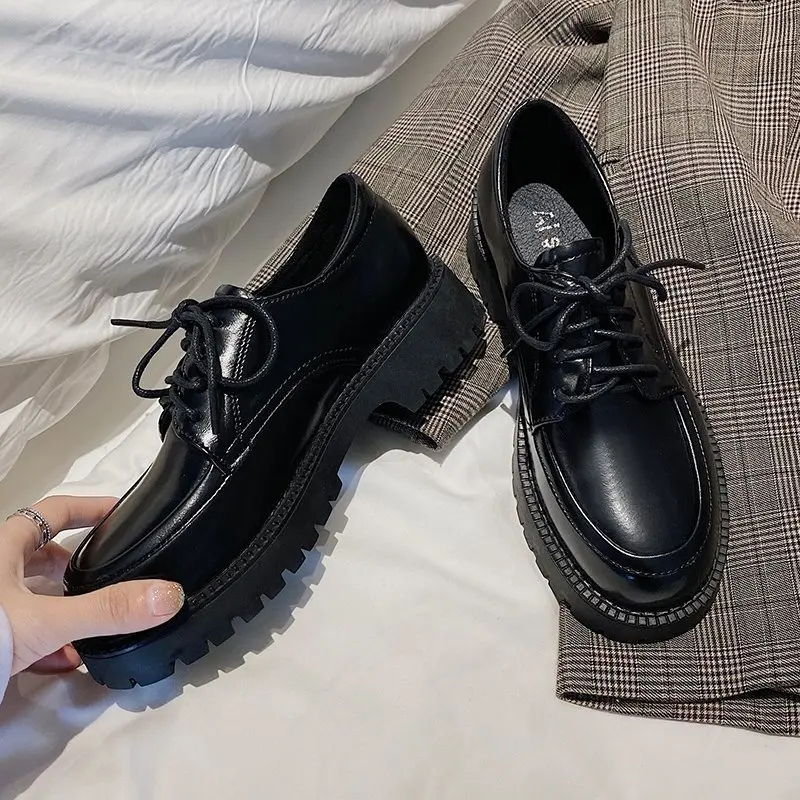 

Solid Leather Casual Shoes Woman Flats Nice New Spring Oxford Shoes for Women Lace Up Thick Bottom High Heels Platform Shoes