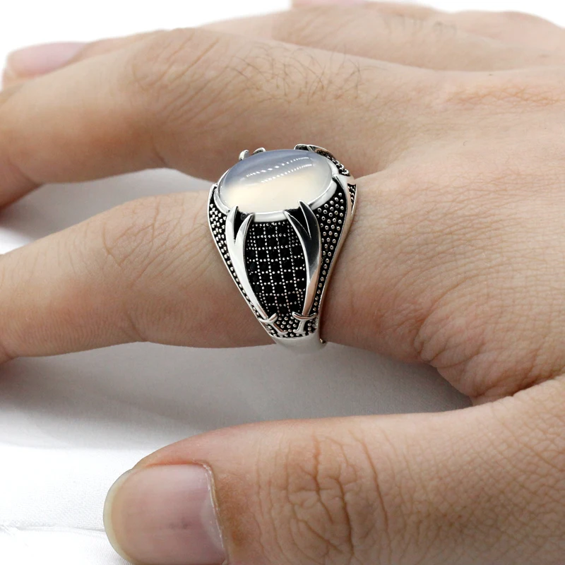 Falcon Jewelry Men's 925 Sterling Silver Islamic Ring – Natural Onyx Stone With Arabic Calligraphy