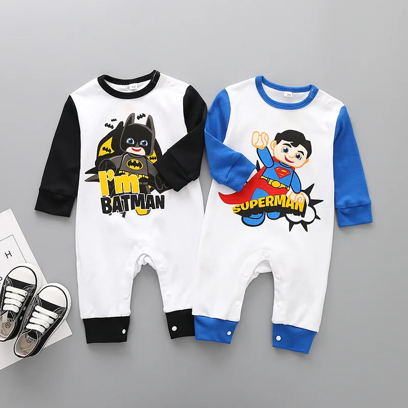 Летняя футболка с рисунками из мультфильмов ручной работы, герой, Супермен, Бэтмен детские комбинезоны короткий рукав для новорожденных для маленьких мальчиков Одежда для детей хлопковый комбинезон для маленьких девочек; одежда для альпинизма